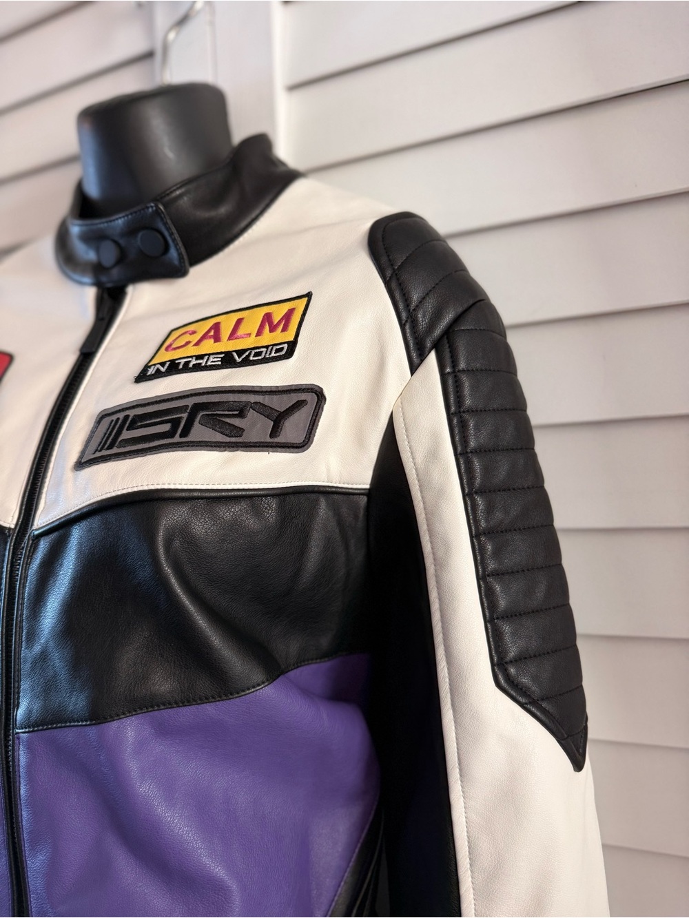 Bershka Faux Leather Racing Colour Block Moto Jacket Purple Y2K Size Medium M - Picture 7 of 17